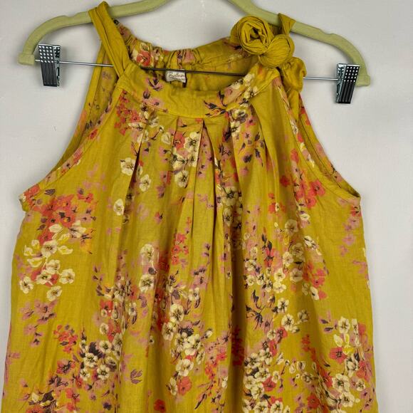 Bellambra Yellow Floral Linen Halter Pleated Relaxed Fit Midi Dress Large Boho - Picture 3 of 10